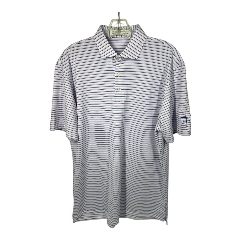 Holderness & Bourne Polo Shirt Men's Large Pullover Pink Blue Stripes Golf